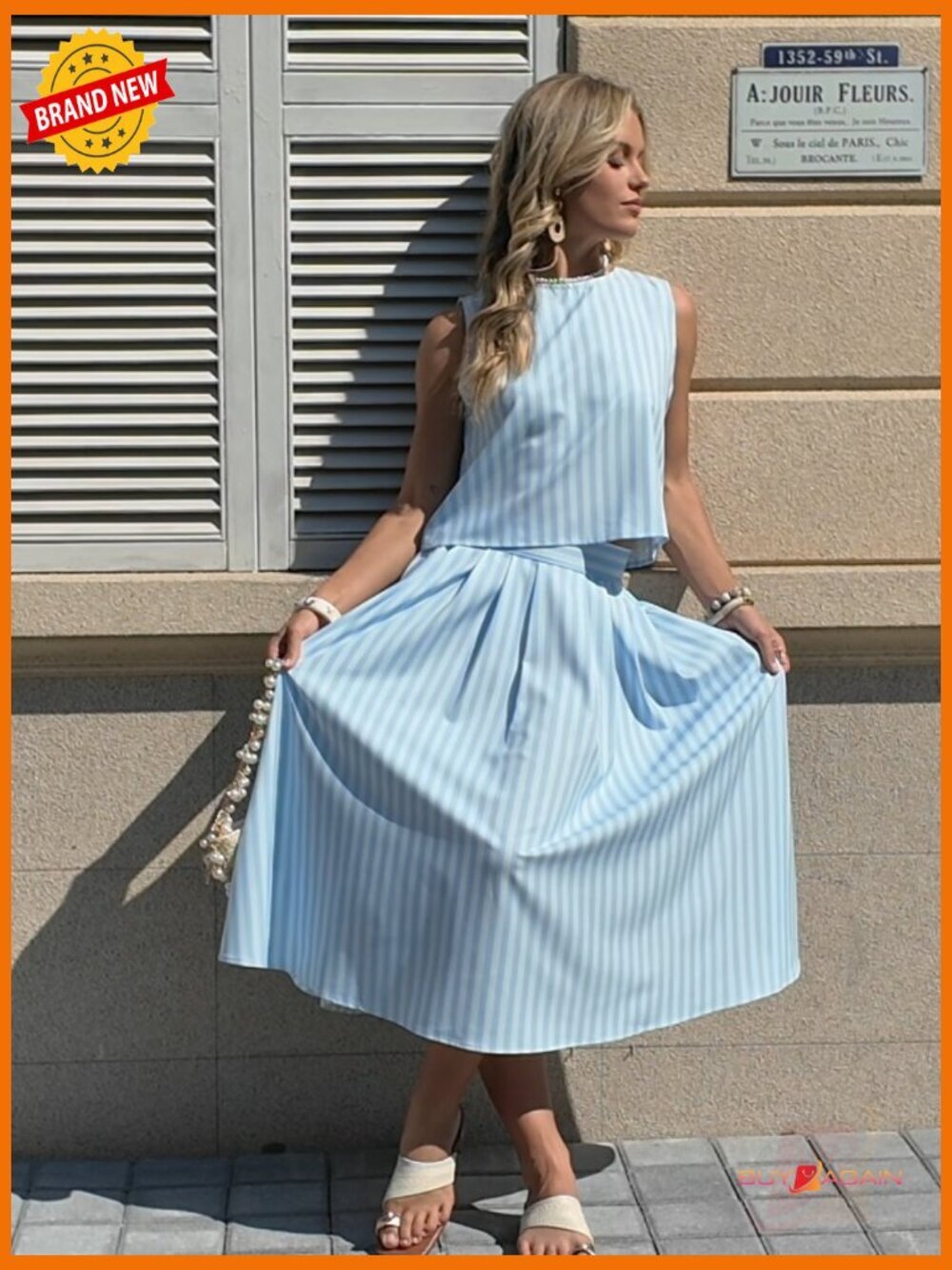 2 Piece Skirt Set Striped Sleeveless Tank Top Midi Dress Matching Travel Outfit - Picture 7 of 7